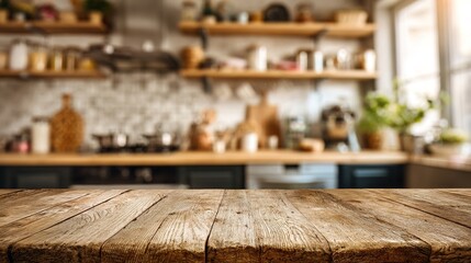 Wooden Empty Tabletop in Front of Kitchen: For Product Display, Food Photography and Home Scenarios