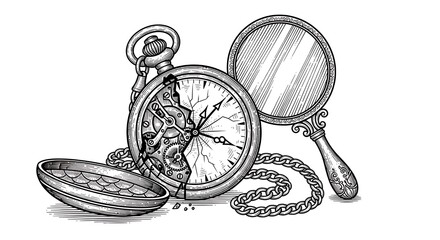 Antique pocket watch with magnifying glass and chain illustration.