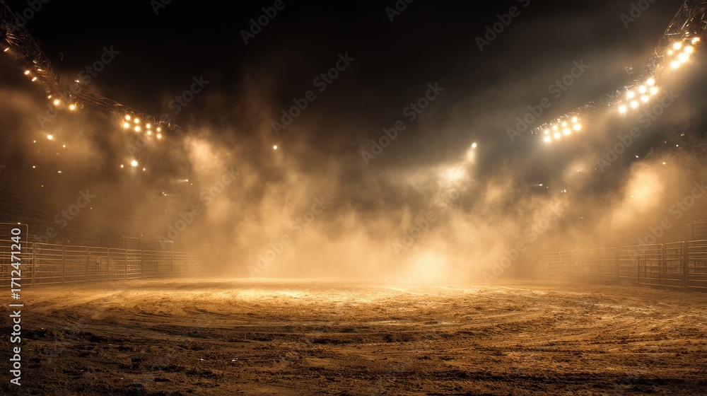 Poster stunning photo of empty stadium with bright lights and fog creating a dramatic atmosphere.