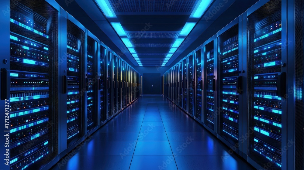 Poster modern data center with glowing blue server racks and reflective floor, ideal for illustrating it in