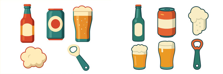 Set of diverse beer elements featuring bottles, aluminum cans, filled glasses, frothy head, and handy bottle openers