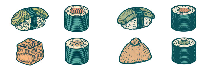 Stylized collection of various traditional Japanese sushi rolls, nigiri, and other popular Asian cuisine elements