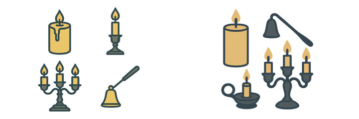 Set of burning candles, decorative candelabras, and a traditional candle snuffer for ambient lighting and home decor