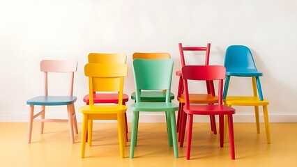 Obraz premium A playful arrangement of mismatched chairs in vibrant colors, representing whimsical seating dilemmas.