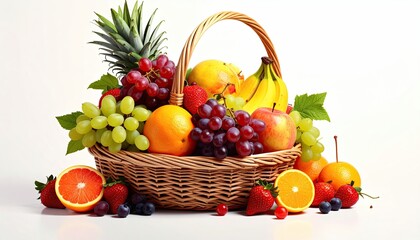 Abundant Woven Basket of Colorful Fresh Fruits Against a White Background Highlighting Tropical Variety