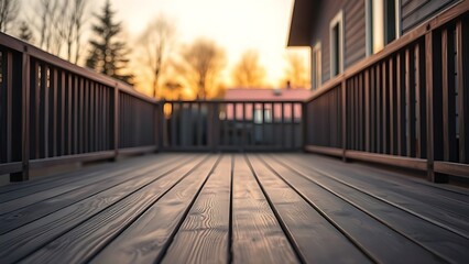 Wooden deck at twilight with a warm ambient glow and serene atmosphere.