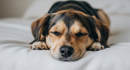 Adorable Beagle Mix Puppy Sleeping Peacefully on Bed.