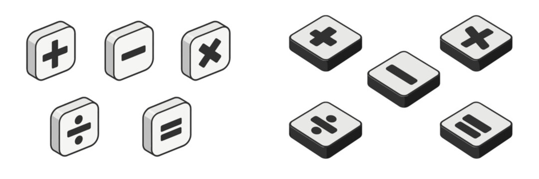 Isometric 3D style mathematical operation symbols set including plus minus multiply divide and equals signs