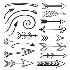 Collection of hand drawn arrow illustrations with various styles and designs on white background