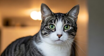 Obraz premium Adorable Tabby Cat with Striking Green Eyes and White Markings.