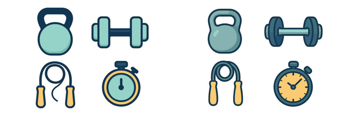 Collection of fitness gym equipment icons featuring kettlebells, dumbbells, jump ropes, and stopwatches for exercise