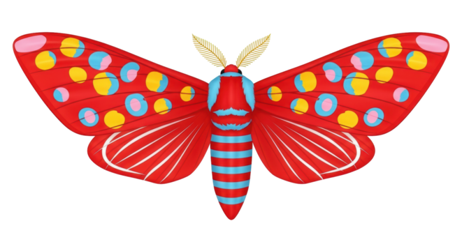 Isolated colourful patterned moth on display. Wings patterned with spots, stripes, and lines