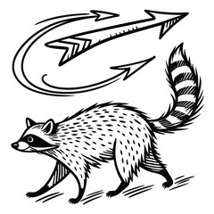 Whimsical illustration of a raccoon with swirling arrows indicating movement and direction