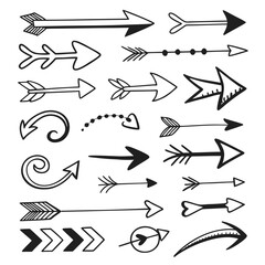 Fototapeta premium Collection of hand drawn doodle arrows and swirls in black and white sketch style