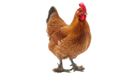 Isolated Rhode Island Red hen, a brown chicken, posing sideways with feathered feet and comb