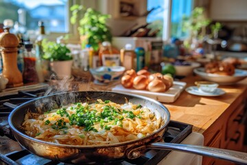 Freshly Saut&eacute;ed Onions with Herbs in a Bright Kitchen Setting Featuring Culinary Ingredients and Cooking Utensils for a Cozy Dining Experience