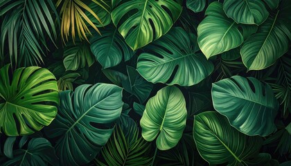 Lush Green Monstera Leaves Pixel Art in Dark Jungle Background Digital Illustration Tropical Foliage Abundance Generative Graphic Design Nature