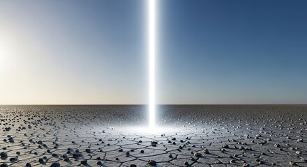 Bright light beam shining down on a cracked earth landscape under a clear blue sky outdoors photography background