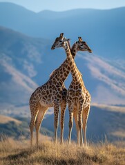 Obraz premium Two Giraffes Forming Perfect Cross In Serengeti With Mountains Under Blue Sky
