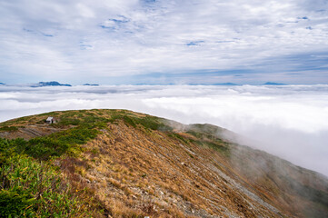 Hiking Route to Happo Pond and  the Japanese Alps mountains landscape with mist background on Hakuba Happo One in Hakuba, Nagano, Japan