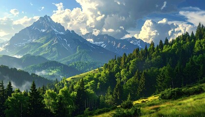 Fototapeta premium Lush Green Mountain Range Under Partly Cloudy Sky Daytime Landscape