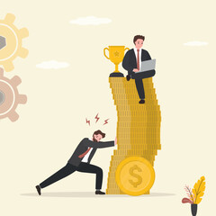 Business competition concept. Businessman pushing golden coin pile that other person sitting on top and working. Betrayal, destruction of competitor or colleague.