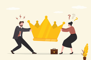 Struggle for influence, leadership. Inequality, man and woman, issue about gender diversification. Colleagues pulling golden crown, job promotion position. Family conflict.