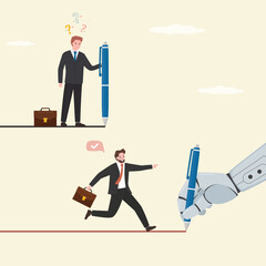 Robot arm drawing career path and help businessman in work. Winner with new modern chat bot technologies. Entrepreneur who does not use bots and robots loses competition.