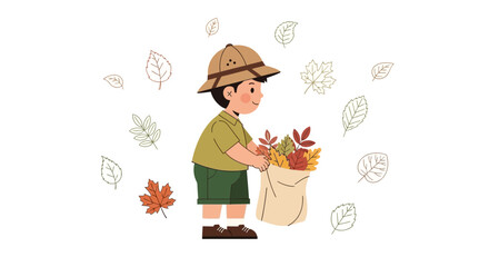 Fototapeta premium Boy Gathering Up Leafy Treasures of Autumn Season in Delightful Illustration