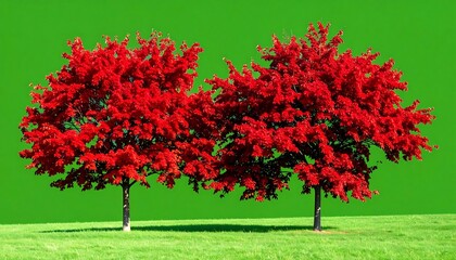 Obraz premium Two vibrant red trees against a vibrant green backdrop