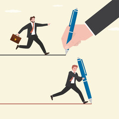 Businessman create own path to success, business competition success concept. Mentor helps beginner, but experienced entrepreneur is better and more successful.
