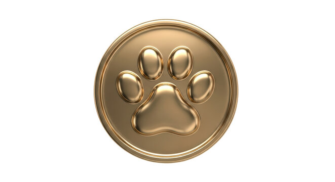 Isolated gold coin with paw print symbol, decorative pet memorial keepsake or animal medal icon