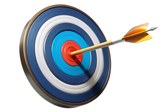 Arrow hitting bullseye on target archery dartboard