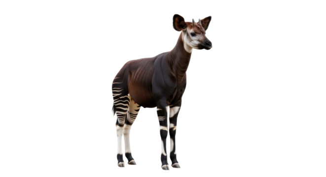 Isolated Okapi standing gracefully looking ahead, a rare and striking creature in full view