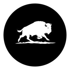 A wild buffalo in the center. Isolated white symbol in black circle. Illustration on transparent background