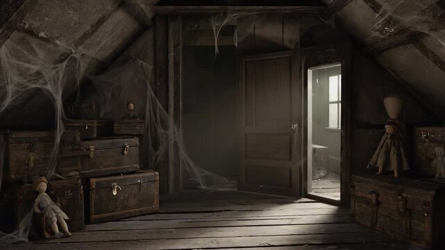 Forgotten attic with dusty trunks and creeping shadows