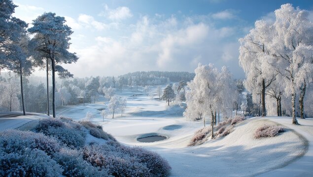 A winter wonderland golf course, frosted trees and pristine snow, showcasing a serene and beautiful winter landscape.