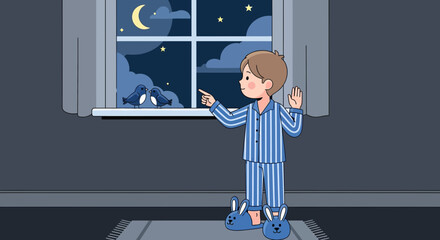 Fototapeta premium Boy Gazing At Night Sky, Two Birds, Crescent Moon In Window At Night