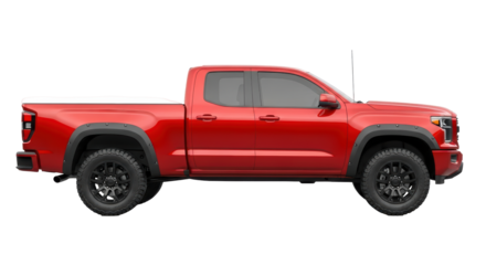 Isolated new pickup truck with crew cab, red color, black wheel arches, ready for sale