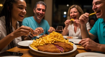 Person enjoying crispy milanesa with golden French fries, traditional Argentine comfort food.