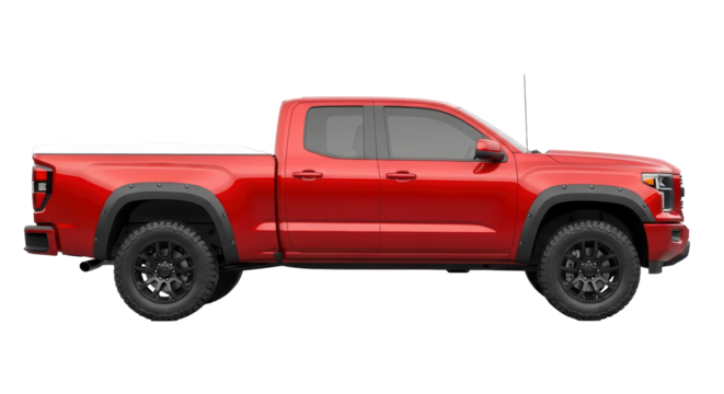Isolated new pickup truck with crew cab, red color, black wheel arches, ready for sale