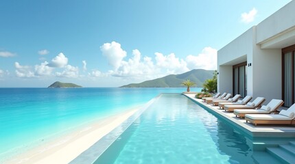 Fototapeta premium A luxurious beachfront villa with an infinity pool, overlooking turquoise sea, sandy beach, and distant islands under a bright blue sky.