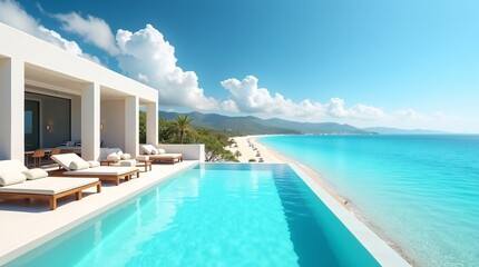 Fototapeta premium A luxurious beachfront villa with an infinity pool, overlooking turquoise sea, sandy beach, and distant mountains under a bright blue sky.