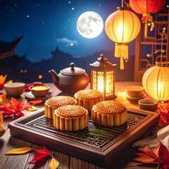 Obraz premium Traditional mooncakes on tray with glowing lanterns under bright full moon, symbolizing family unity.