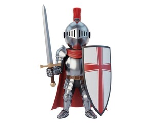 Fototapeta premium Cartoon knight standing with sword and shield on a white background in full armor and red cape