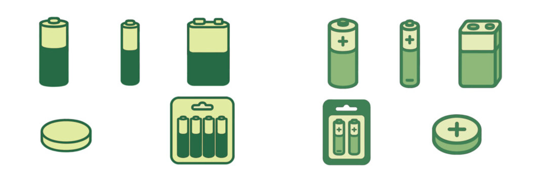Assortment of different battery types including AA, AAA, 9V, and button cells for various electronic devices and power supply
