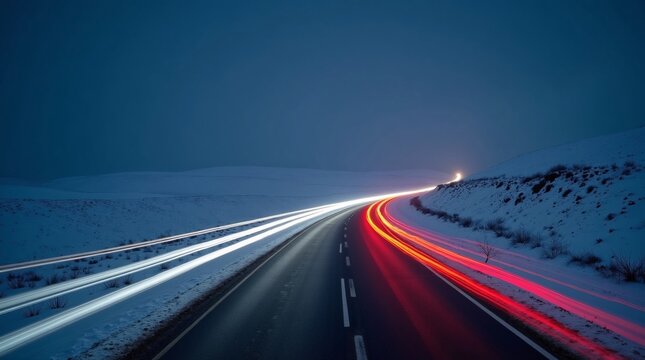 A winding road in a snowy landscape at night, with streaks of vehicle lights creating dynamic light trails. - Powered by Adobe
