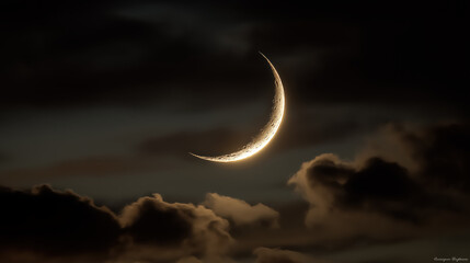 Crescent moon partly veiled by wispy clouds with soft glow on cloud edges over horizon, dark sky gradient dusk