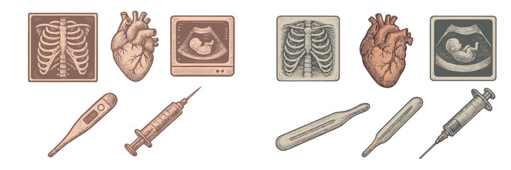 Illustrations of medical equipment and human anatomy showcasing heart and ultrasound images in a clinic setting