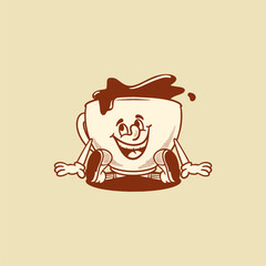 coffee cup retro cartoon character mascot illustration with happy face for drink product, plantation, grocery, health food, cafes mascots and merchandise. groovy, vector, editable, icon, eps